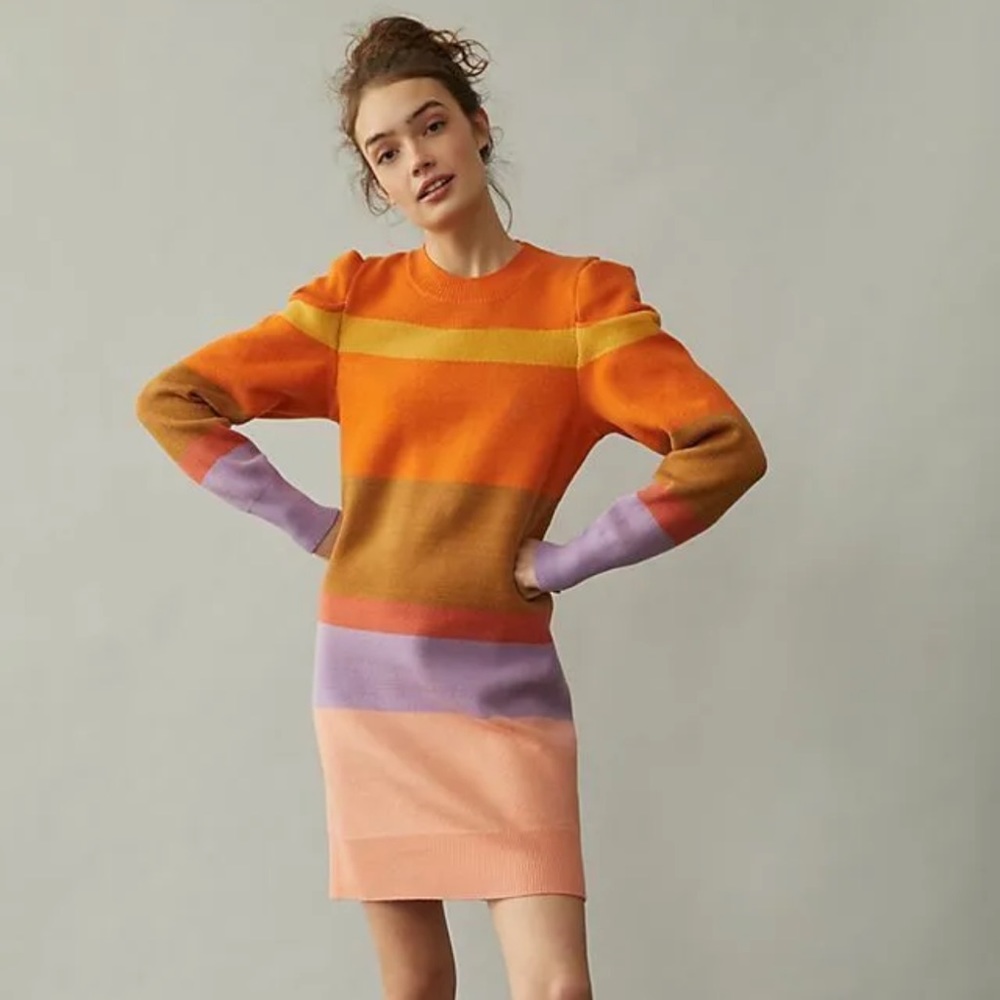Farm Rio sweater dress puff sleeves striped